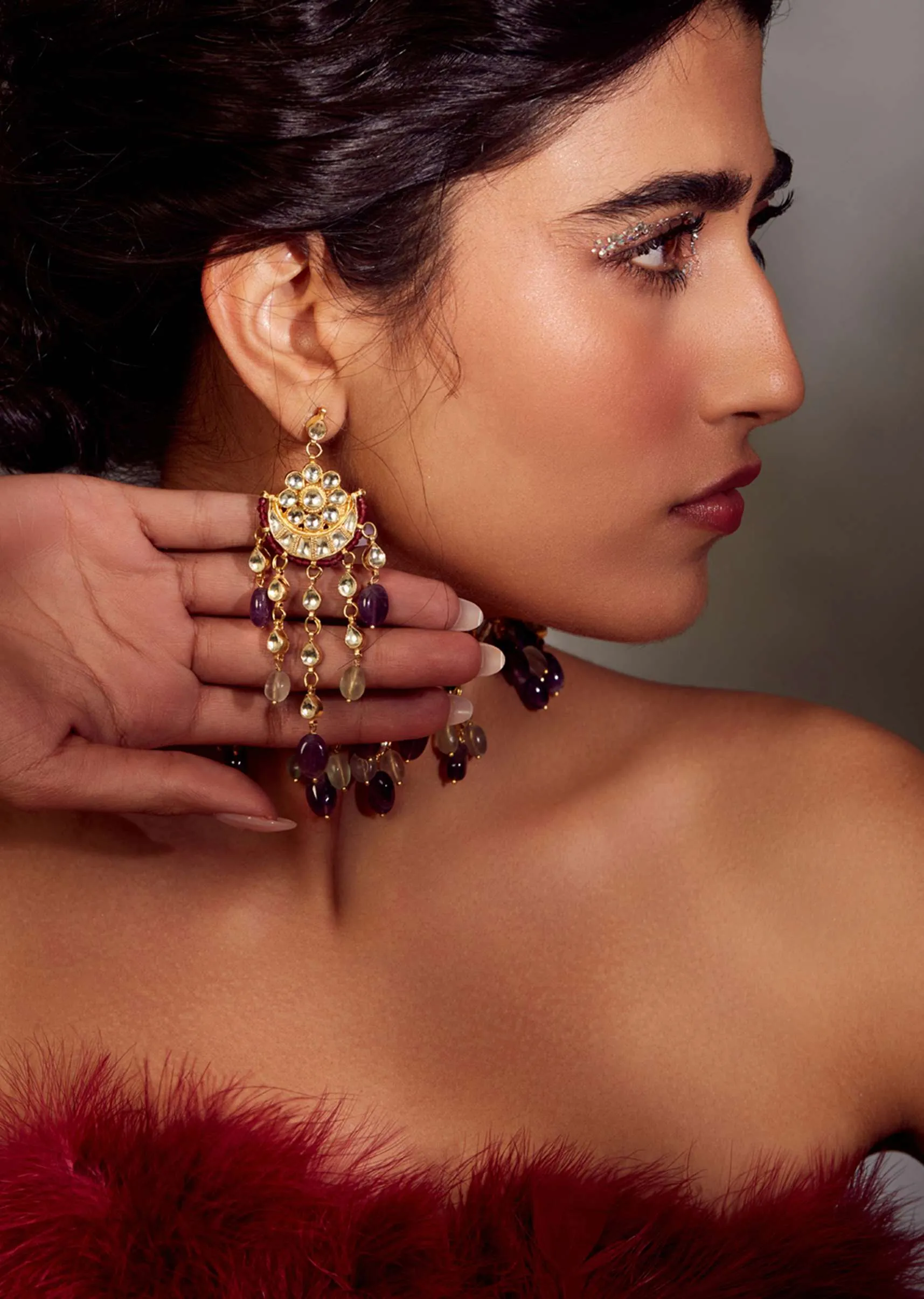 Multicolored Gold Plated Silver Alloy Kundan Amethyst Necklace Set