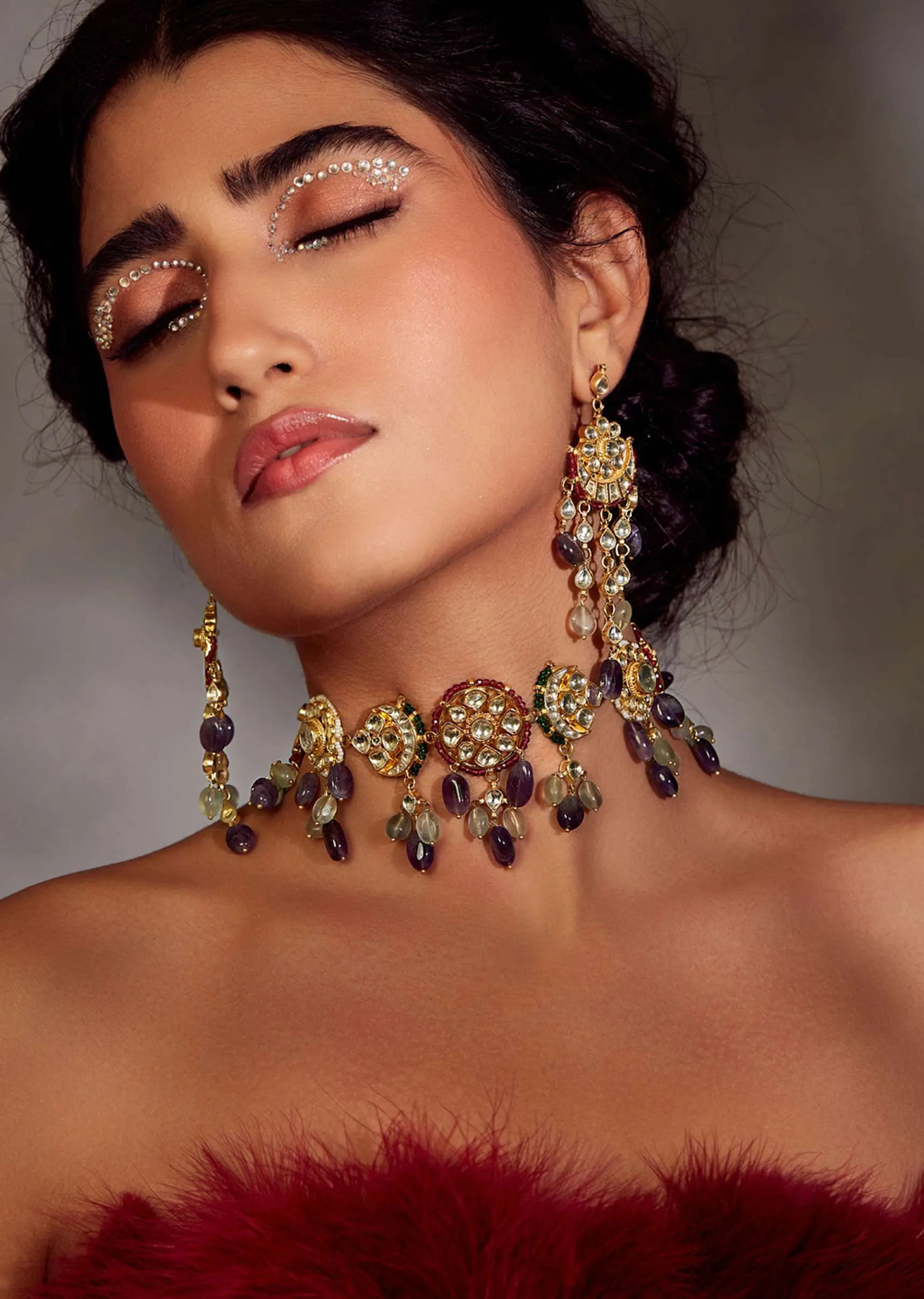 Multicolored Gold Plated Silver Alloy Kundan Amethyst Necklace Set