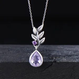 Natural Lavender Amethyst Necklace 14k Yellow Gold Olive Leaf Necklace Pear Shaped Vintage Purple Amethyst Pendant February Birthstone Gifts