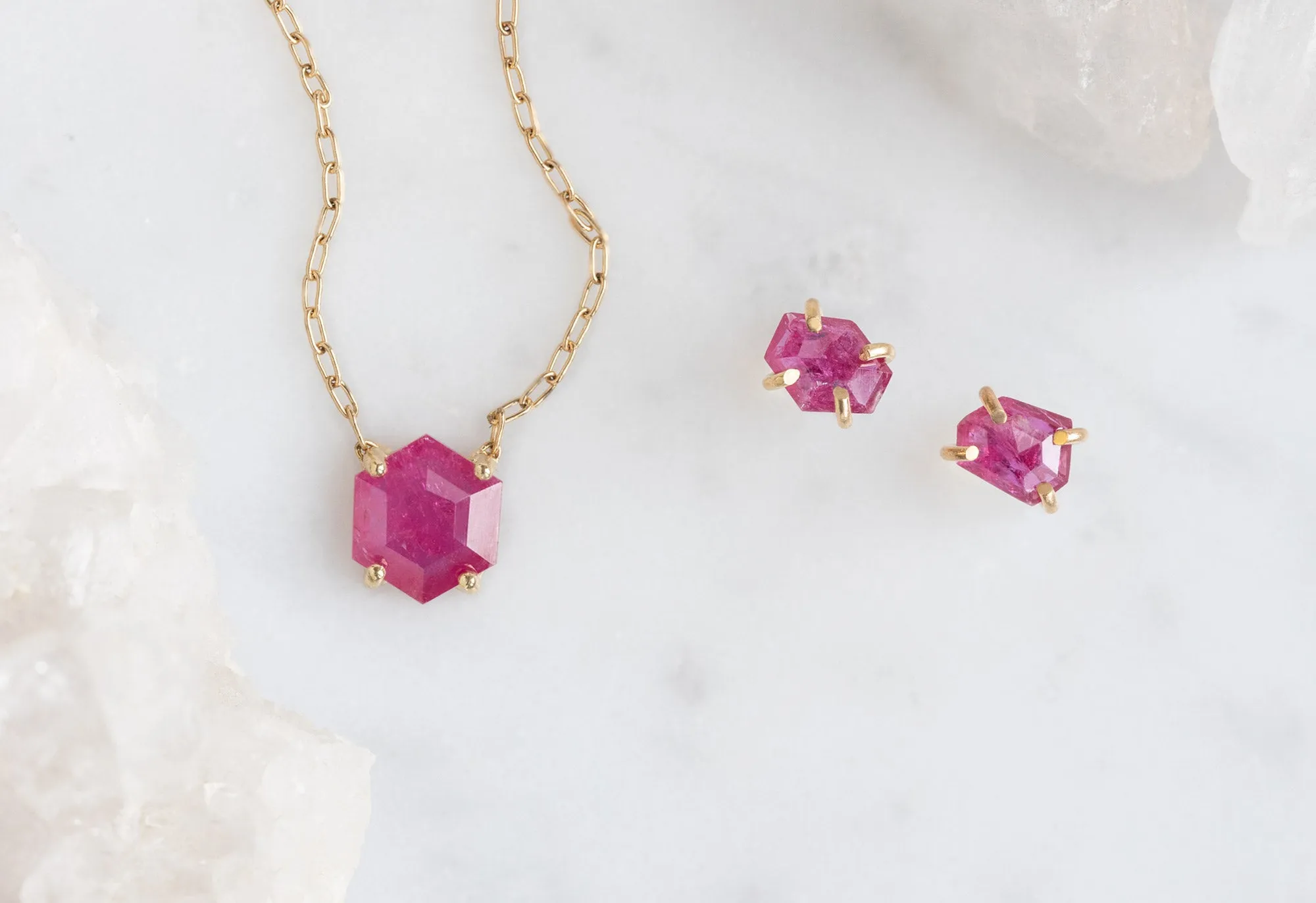 Natural Rose Cut Ruby Hexagon Stud Earrings