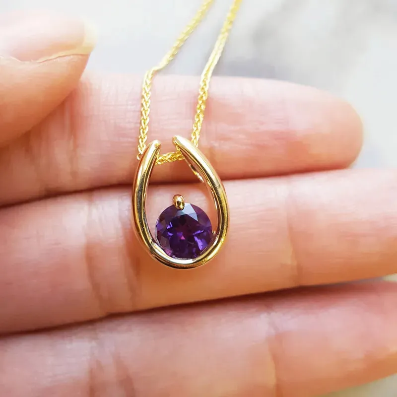 Natural Round Cut Amethyst Horseshoe Pendant For Women - 14k Gold Vermeil Pendant