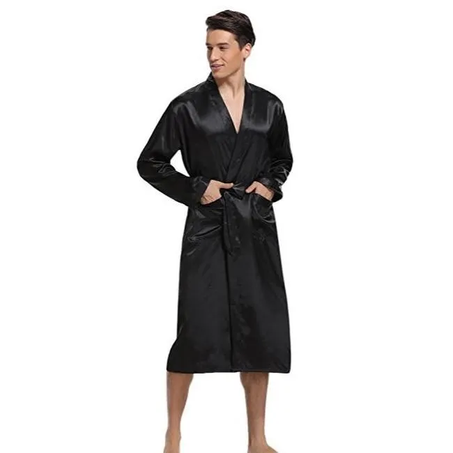 New Black Men Satin Rayon Robe Gown Solid Color Kimono Bath Nightwear Lounge Casual Male Nightgown Sleepwear Home Wear