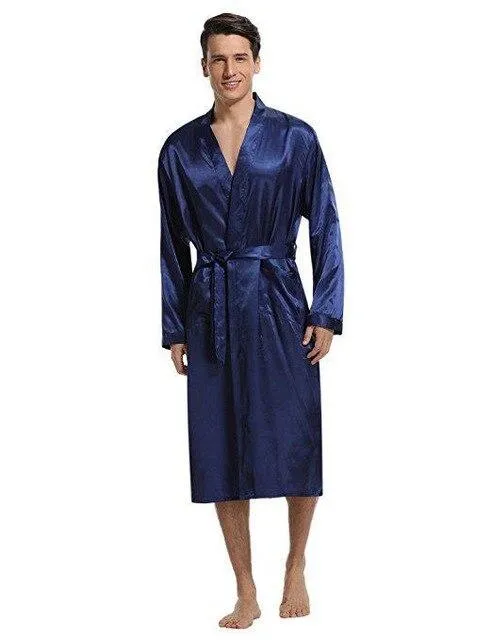New Black Men Satin Rayon Robe Gown Solid Color Kimono Bath Nightwear Lounge Casual Male Nightgown Sleepwear Home Wear