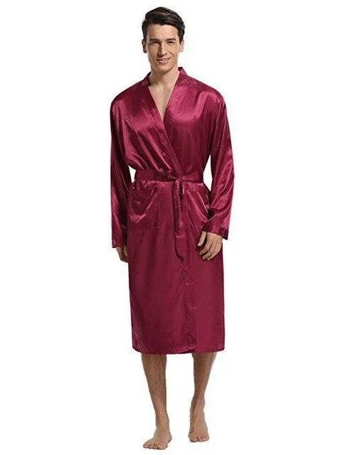 New Black Men Satin Rayon Robe Gown Solid Color Kimono Bath Nightwear Lounge Casual Male Nightgown Sleepwear Home Wear