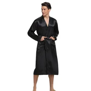 New Black Men Satin Rayon Robe Gown Solid Color Kimono Bath Nightwear Lounge Casual Male Nightgown Sleepwear Home Wear