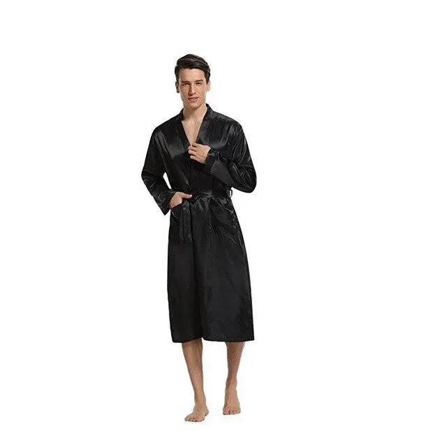 New Black Men Satin Rayon Robe Gown Solid Color Kimono Bath Nightwear Lounge Casual Male Nightgown Sleepwear Home Wear