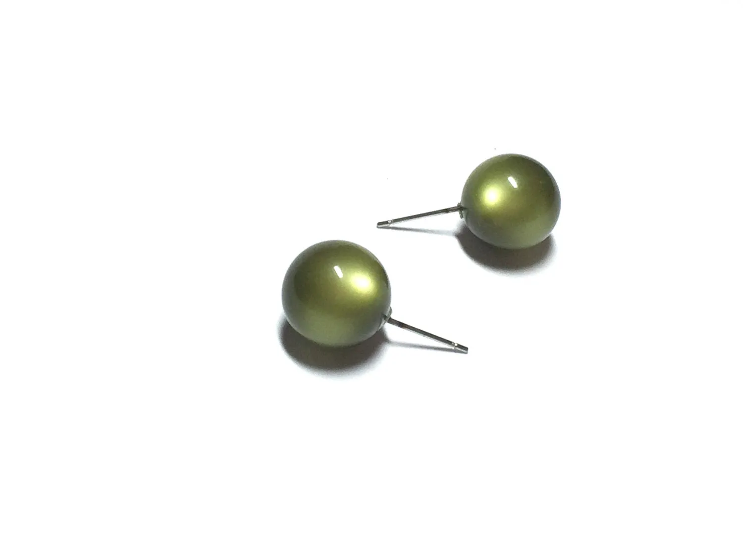 Olive Green Moonglow Ball Stud Earrings