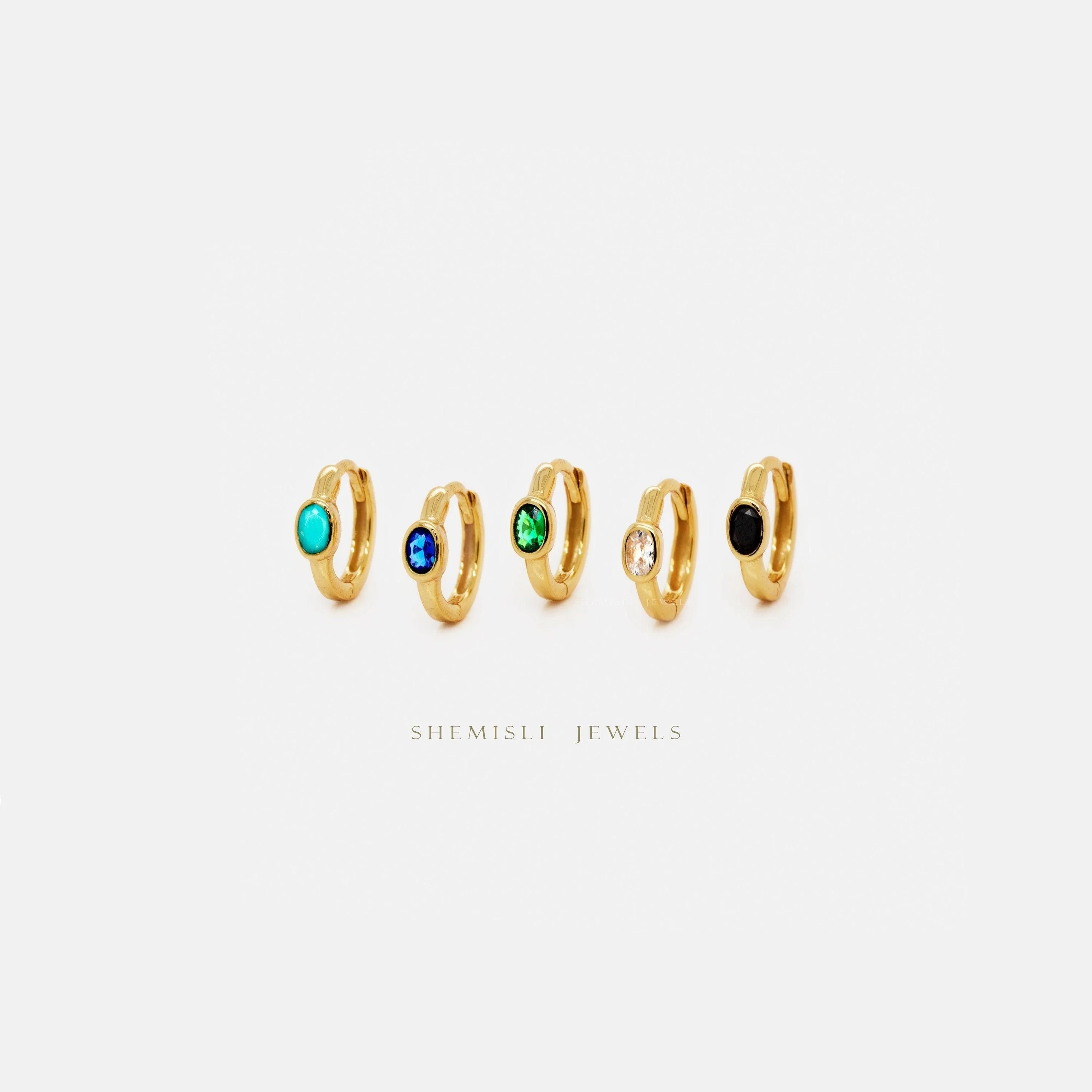 Oval CZ Hoops, White Stone, Emerald, Turquoise, Sapphire, Black Stone, Gold, Silver SHEMISLI SH388, SH389, SH390, SH391, SH392