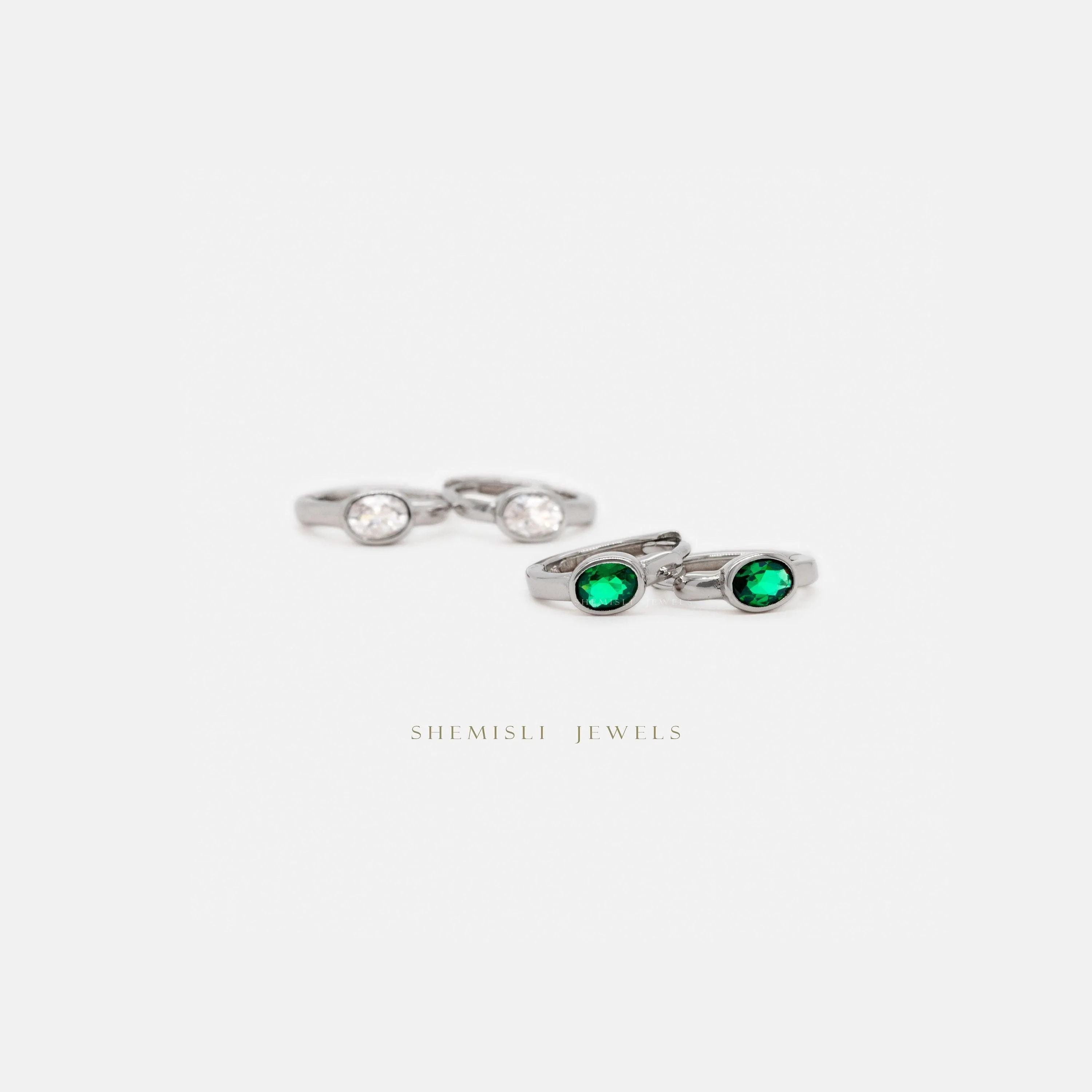 Oval CZ Hoops, White Stone, Emerald, Turquoise, Sapphire, Black Stone, Gold, Silver SHEMISLI SH388, SH389, SH390, SH391, SH392
