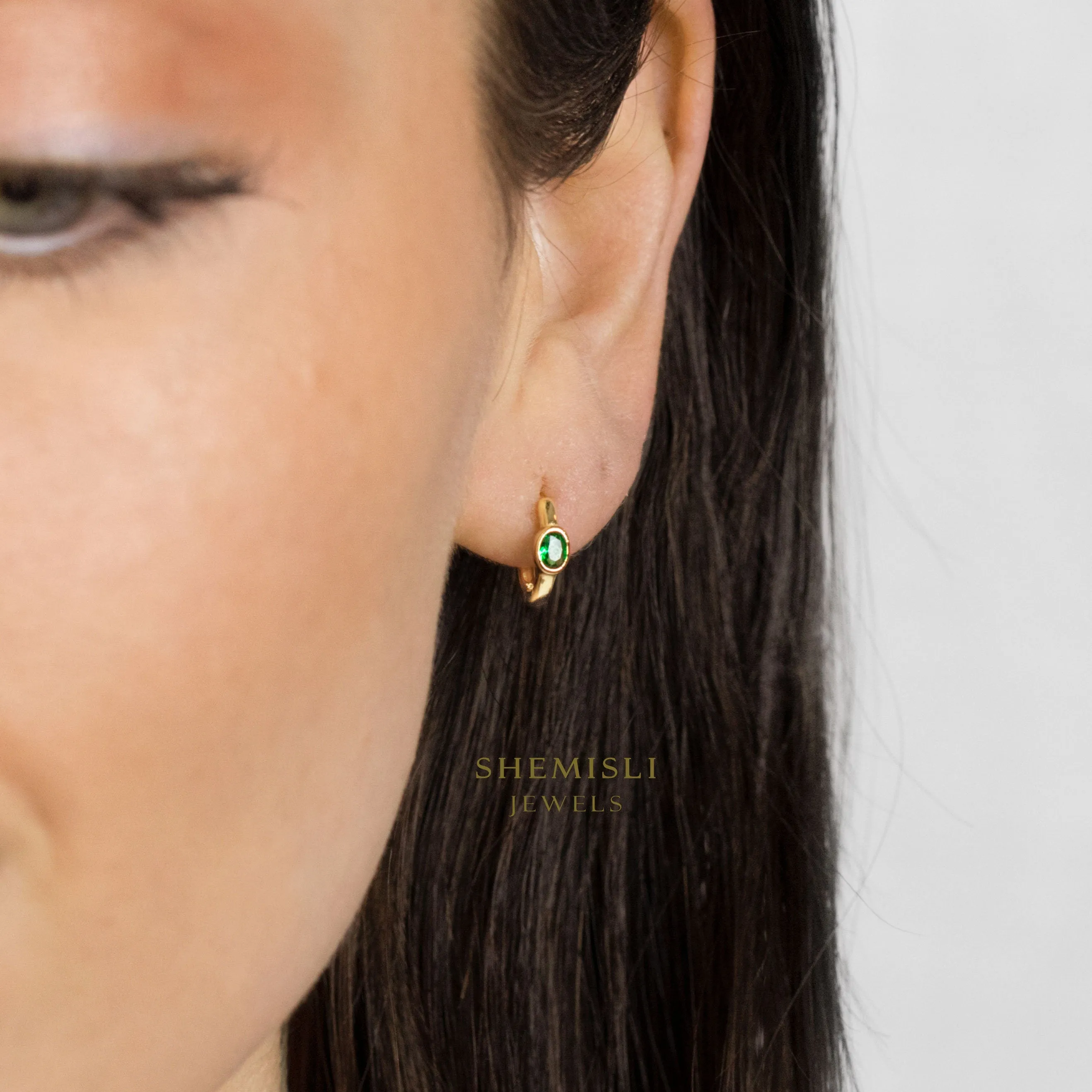 Oval CZ Hoops, White Stone, Emerald, Turquoise, Sapphire, Black Stone, Gold, Silver SHEMISLI SH388, SH389, SH390, SH391, SH392