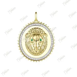 Oval Shape Diamond Lion Face Emerald Eye Pendant 20mm