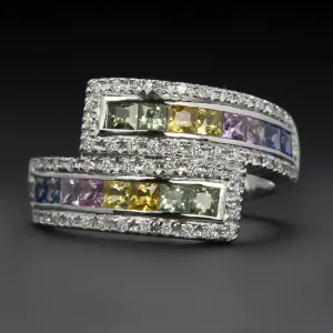 RAINBOW SAPPHIRE DIAMOND COCKTAIL RING 6.3gm 18k WHITE GOLD BYPASS MENS LADIES