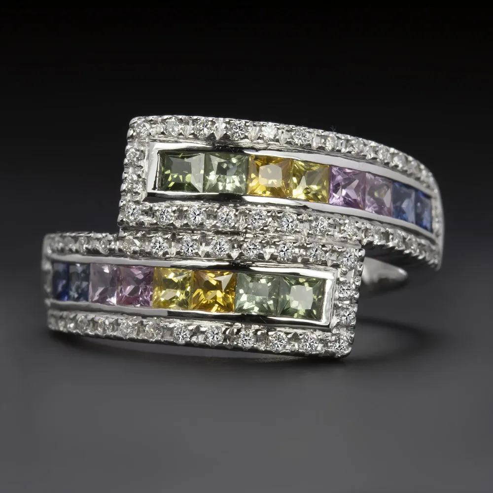 RAINBOW SAPPHIRE DIAMOND COCKTAIL RING 6.3gm 18k WHITE GOLD BYPASS MENS LADIES