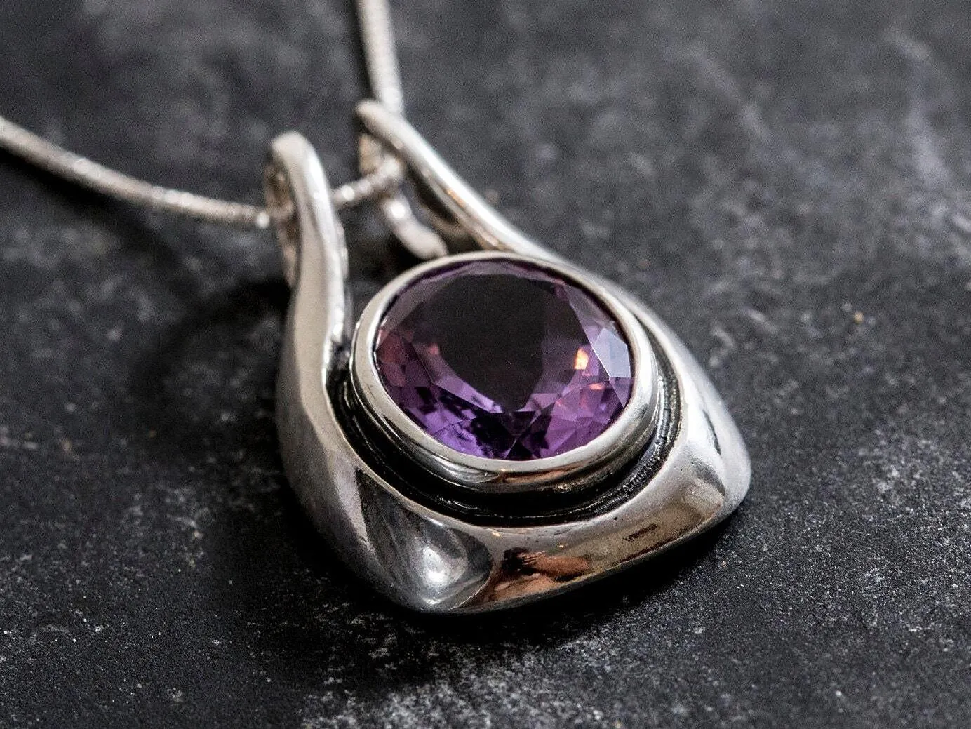 Real Amethyst Pendant - Round Purple Necklace - Vintage Amethyst Necklace