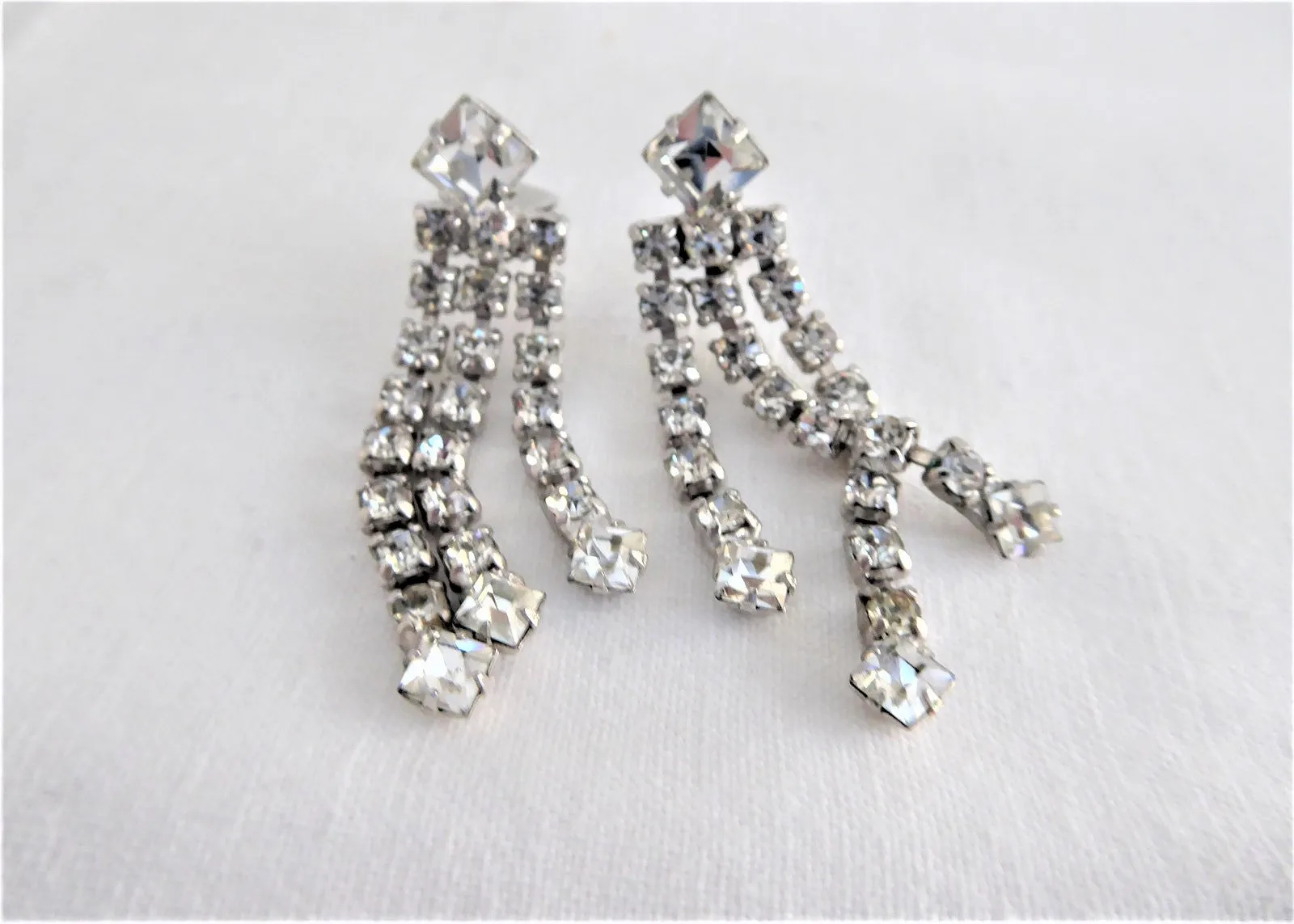 Rhinestone Earrings Dangles 1960s Clips Emerald Cut Round Waterfall Signed Vintage