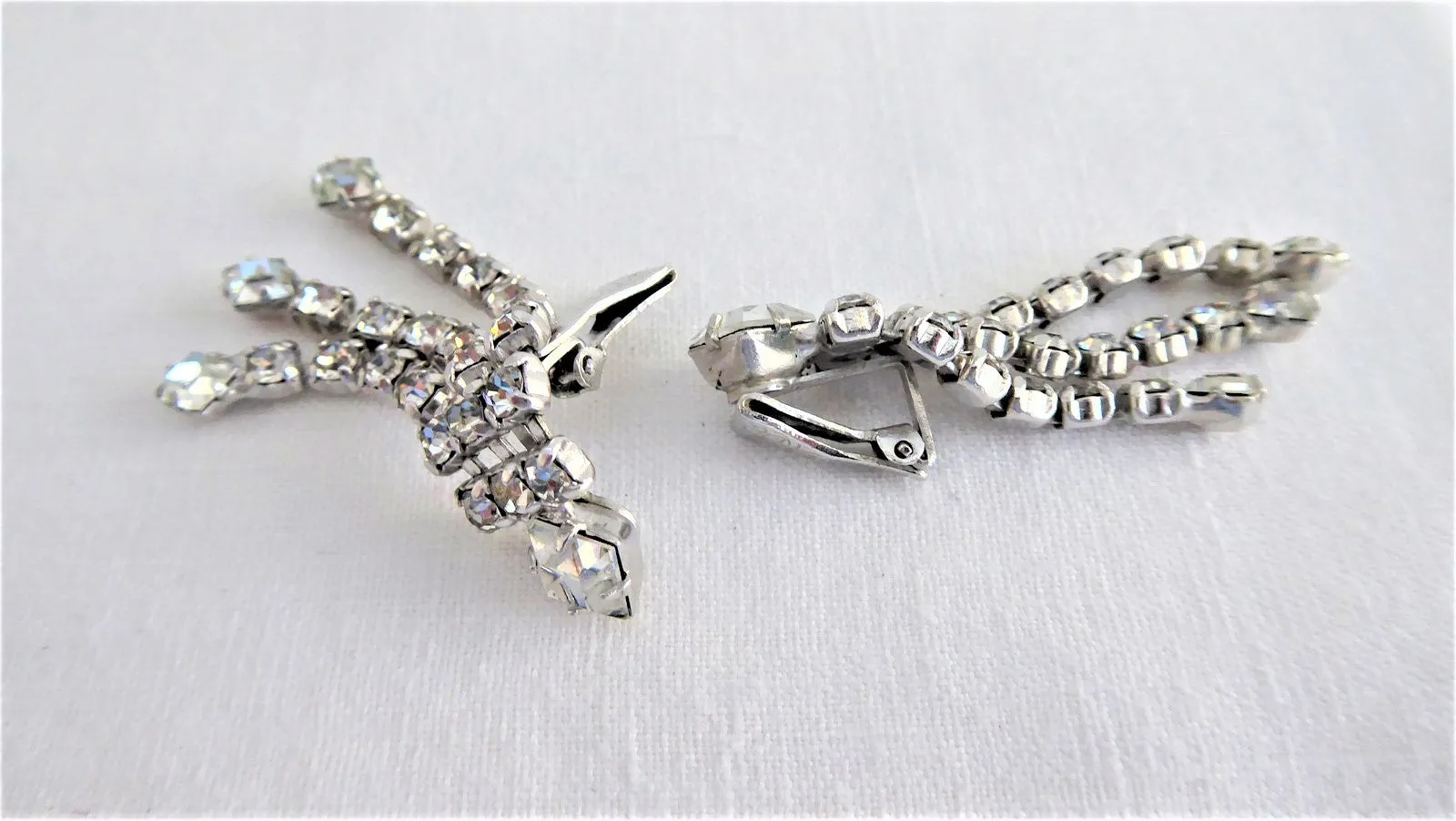Rhinestone Earrings Dangles 1960s Clips Emerald Cut Round Waterfall Signed Vintage