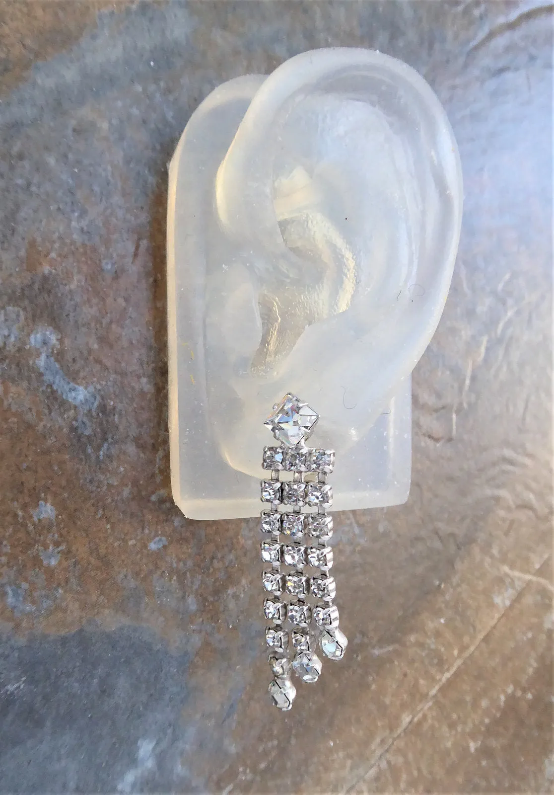 Rhinestone Earrings Dangles 1960s Clips Emerald Cut Round Waterfall Signed Vintage