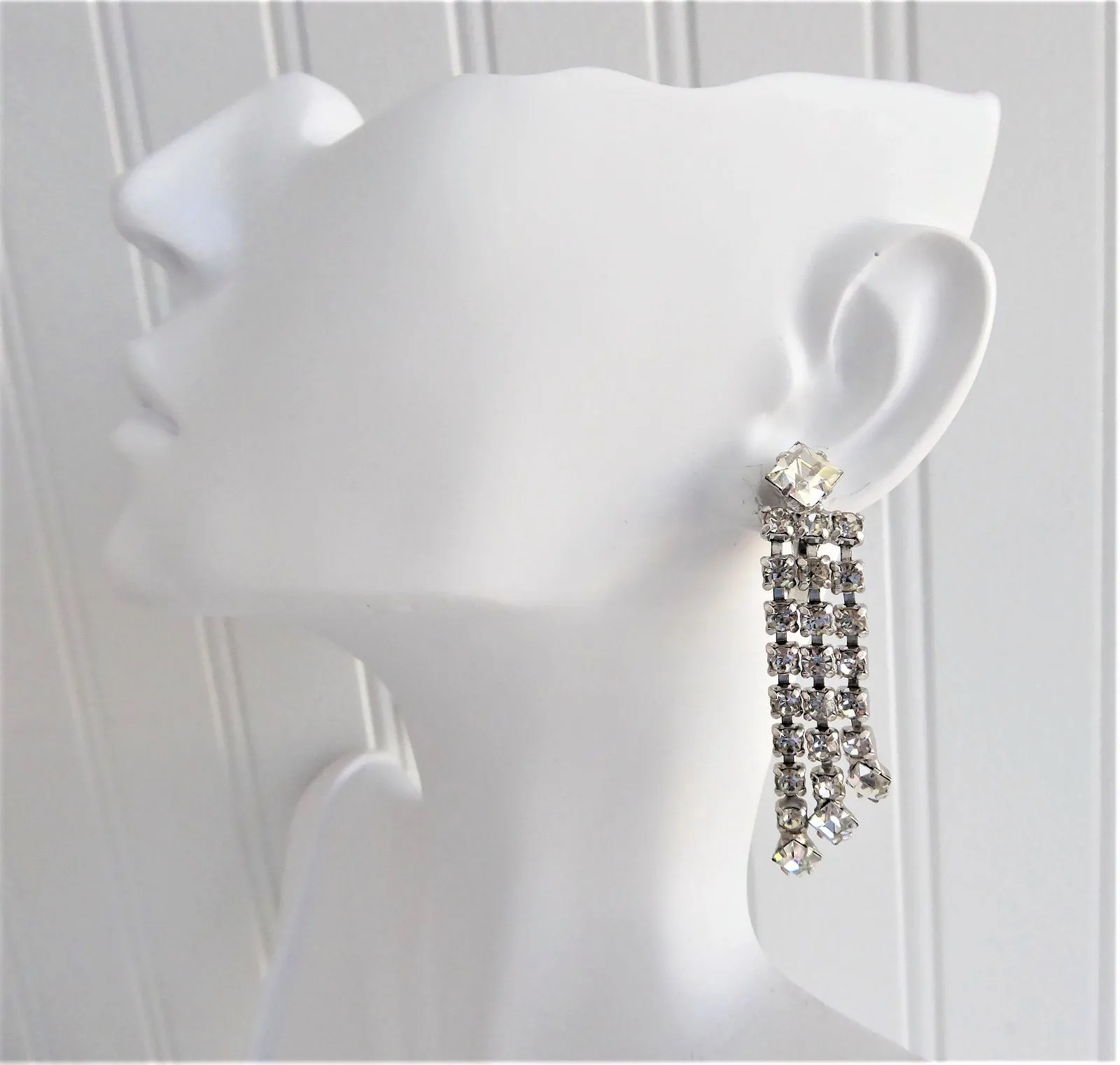 Rhinestone Earrings Dangles 1960s Clips Emerald Cut Round Waterfall Signed Vintage