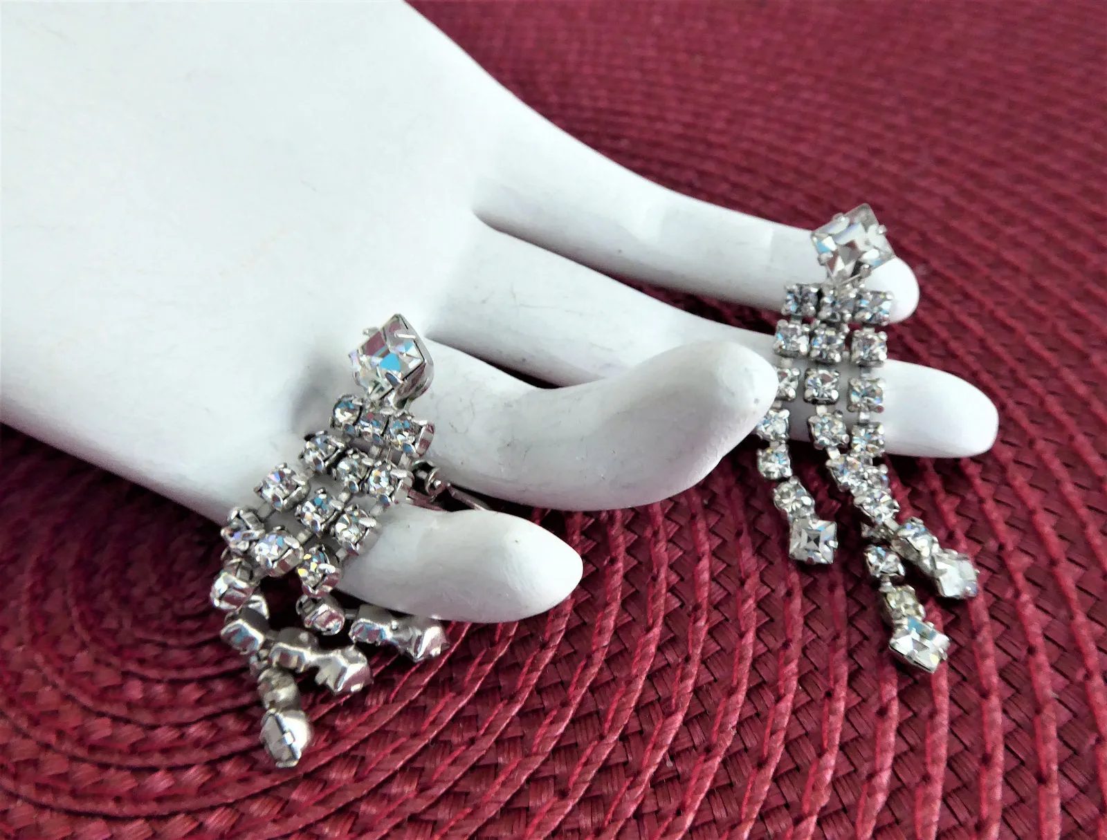 Rhinestone Earrings Dangles 1960s Clips Emerald Cut Round Waterfall Signed Vintage
