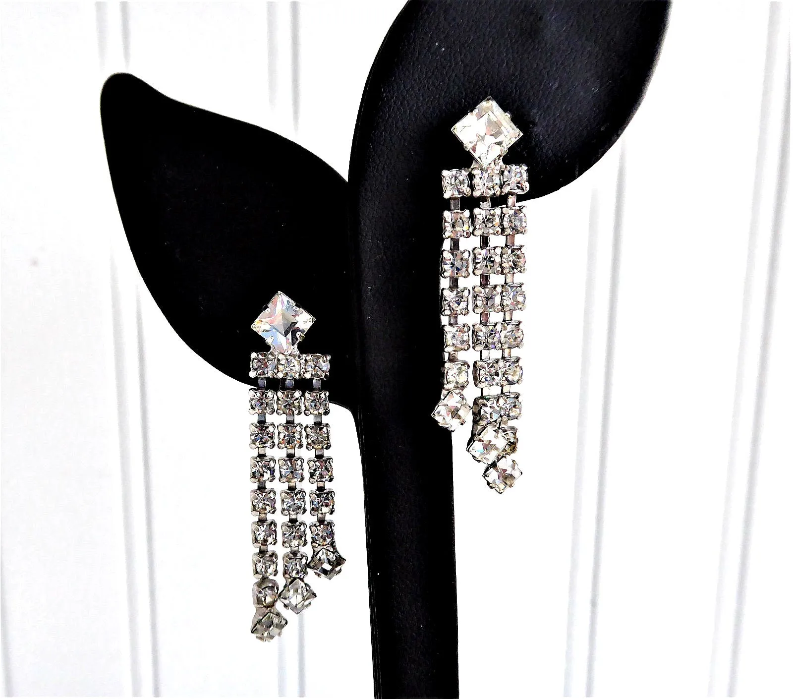 Rhinestone Earrings Dangles 1960s Clips Emerald Cut Round Waterfall Signed Vintage