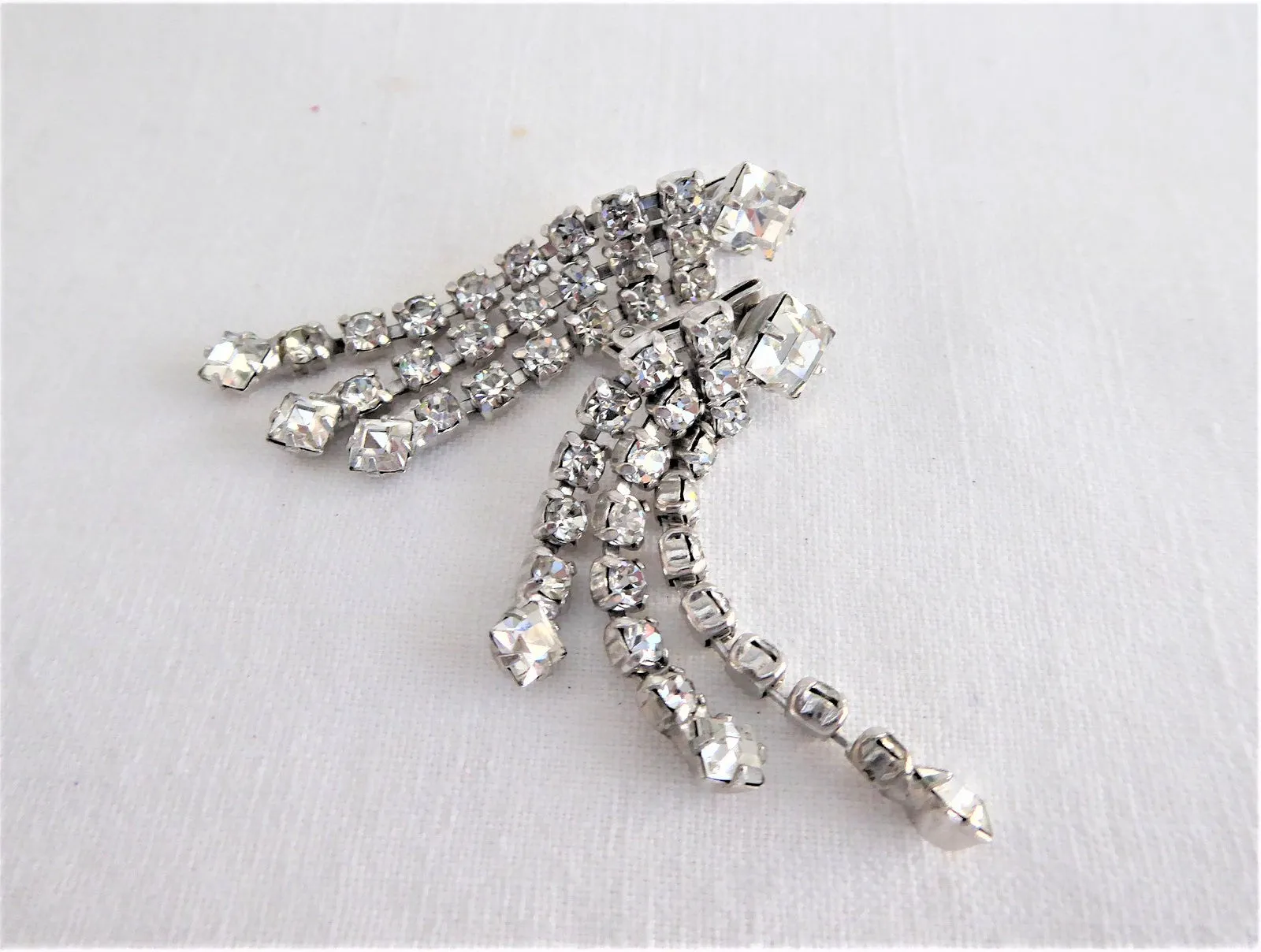 Rhinestone Earrings Dangles 1960s Clips Emerald Cut Round Waterfall Signed Vintage