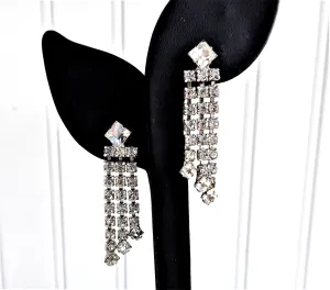Rhinestone Earrings Dangles 1960s Clips Emerald Cut Round Waterfall Signed Vintage