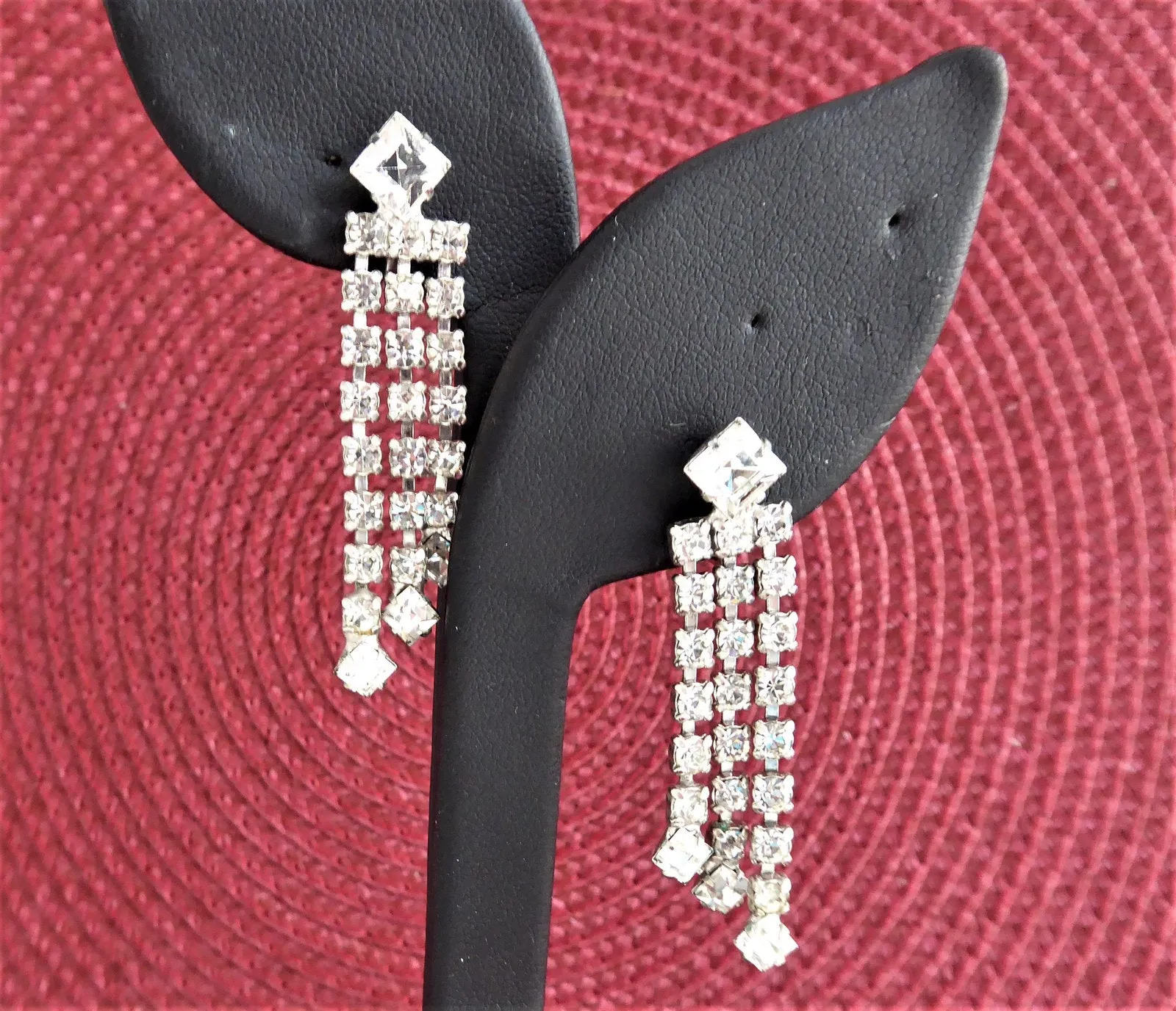 Rhinestone Earrings Dangles 1960s Clips Emerald Cut Round Waterfall Signed Vintage