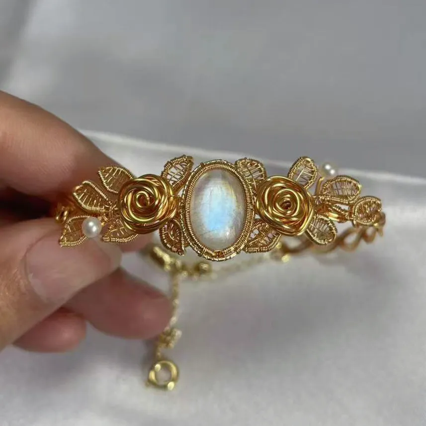 [Rose] Handmade Moonstone Bracelet - Wire Wrapped Jewelry