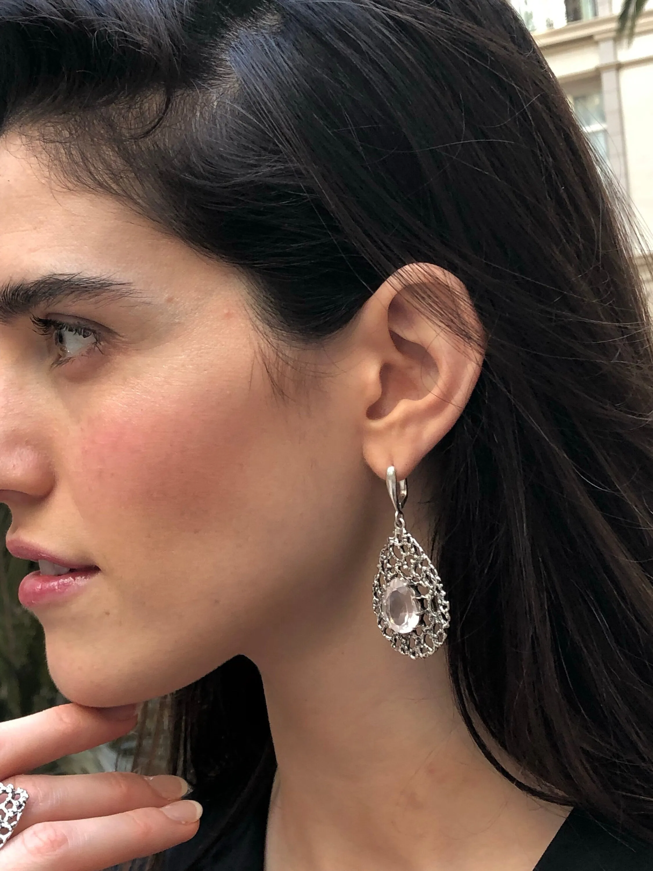 Rose Quartz Earrings - Large Teardrop Earrings - Pink Statement Earrings