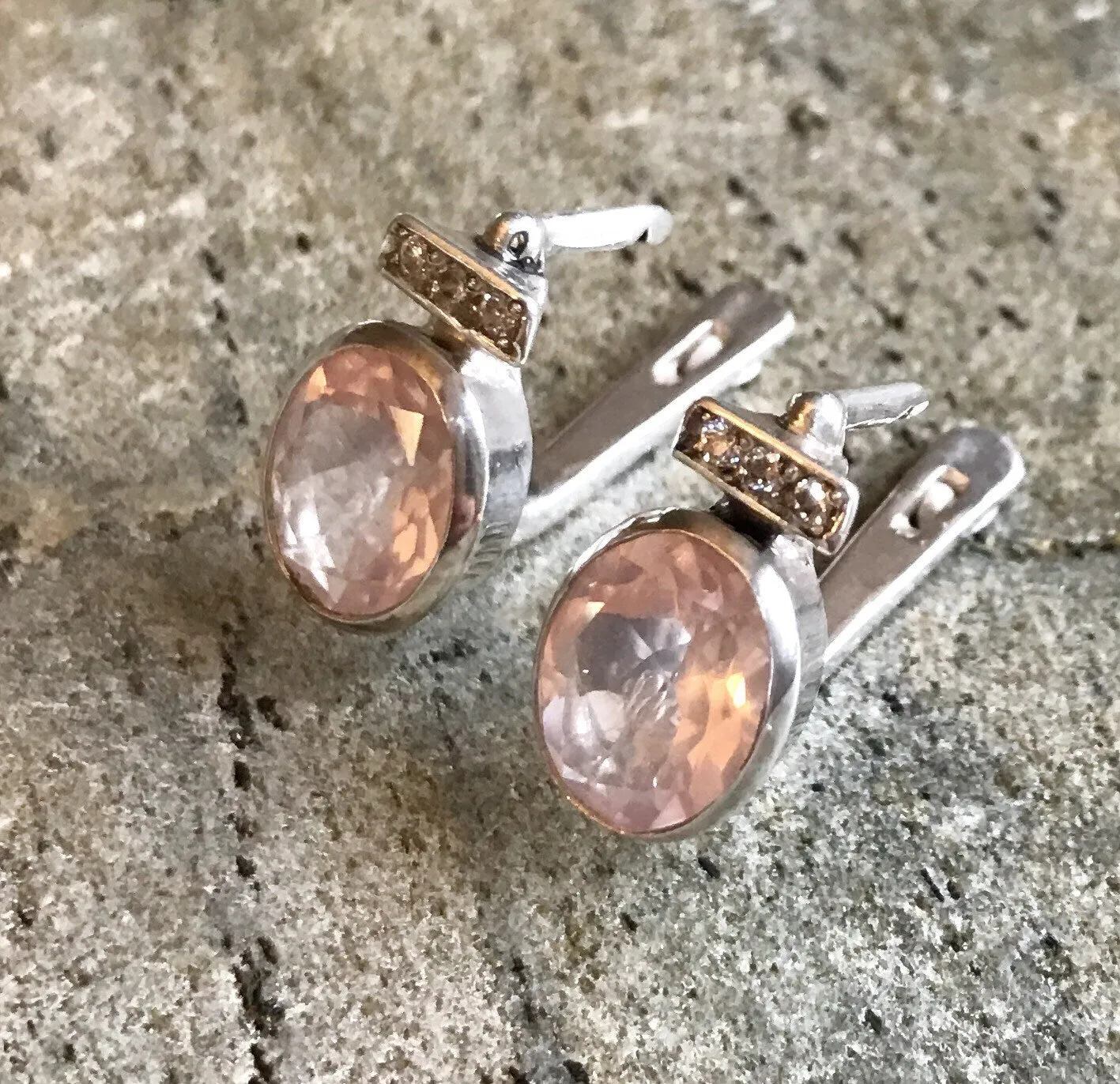 Rose Quartz Earrings - Pink Oval Earrings - Vintage Bezel Earrings