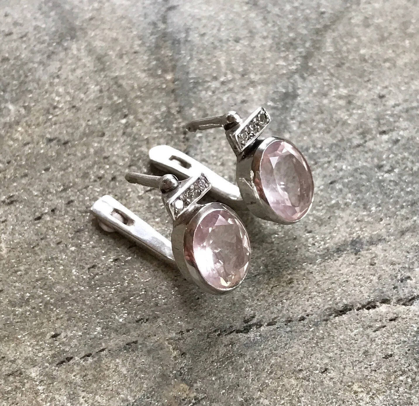 Rose Quartz Earrings - Pink Oval Earrings - Vintage Bezel Earrings