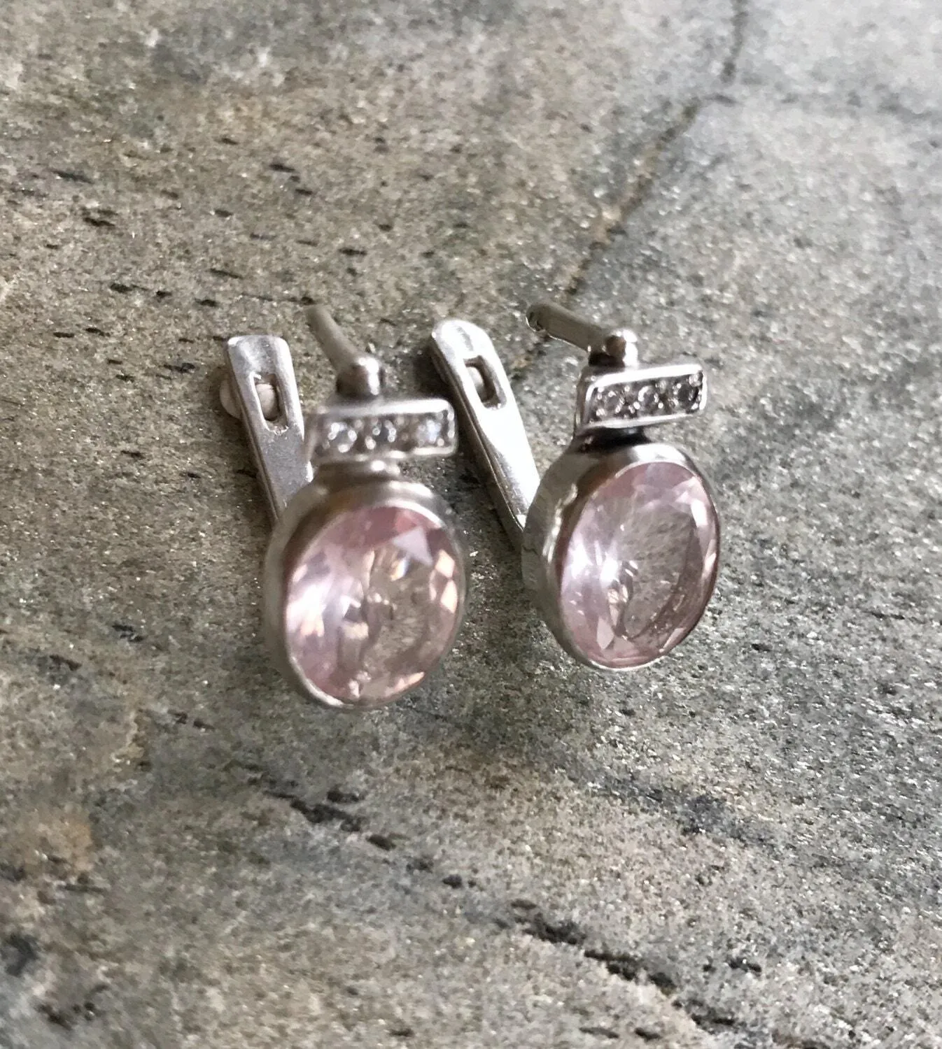 Rose Quartz Earrings - Pink Oval Earrings - Vintage Bezel Earrings