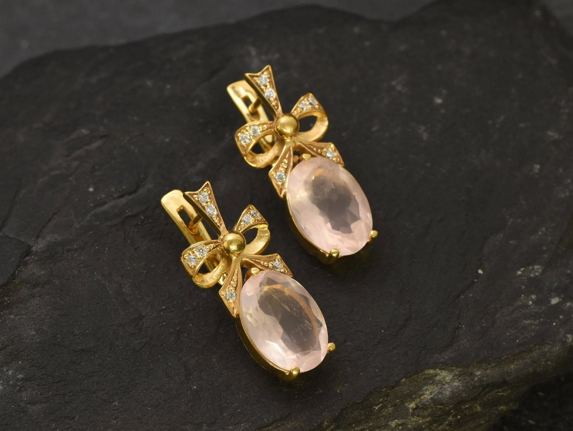 Rose Quartz Earrings - Pink Ribbon Earrings, Natural Rose Quartz
