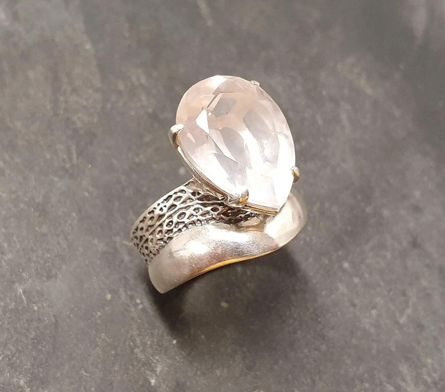 Rose Quartz Ring - Large Pink Ring - Vintage Teardrop Ring