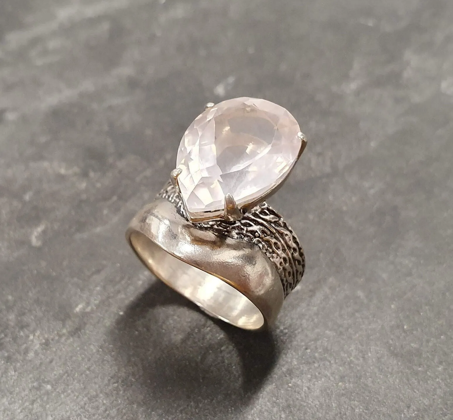 Rose Quartz Ring - Large Pink Ring - Vintage Teardrop Ring