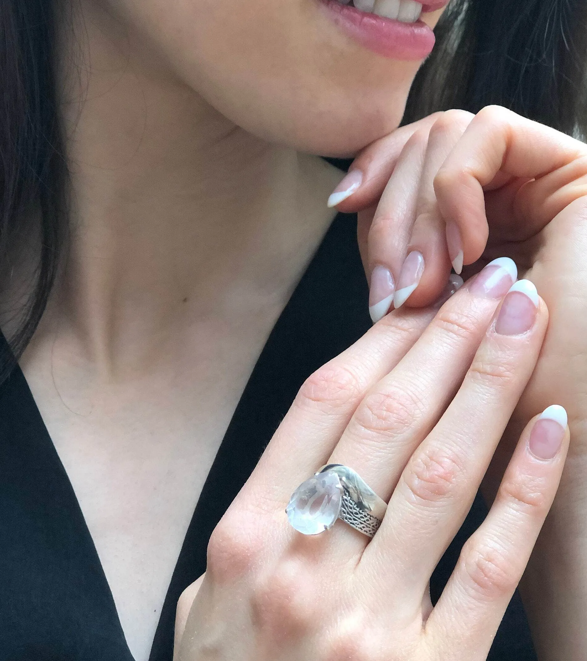 Rose Quartz Ring - Large Pink Ring - Vintage Teardrop Ring
