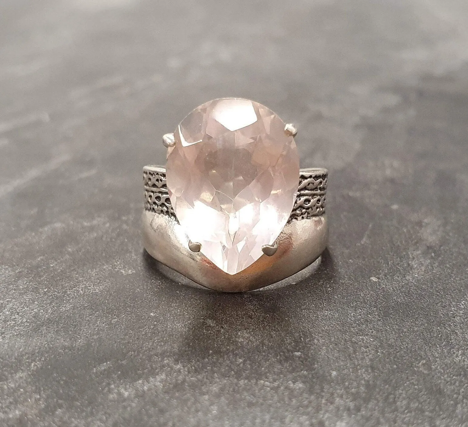 Rose Quartz Ring - Large Pink Ring - Vintage Teardrop Ring