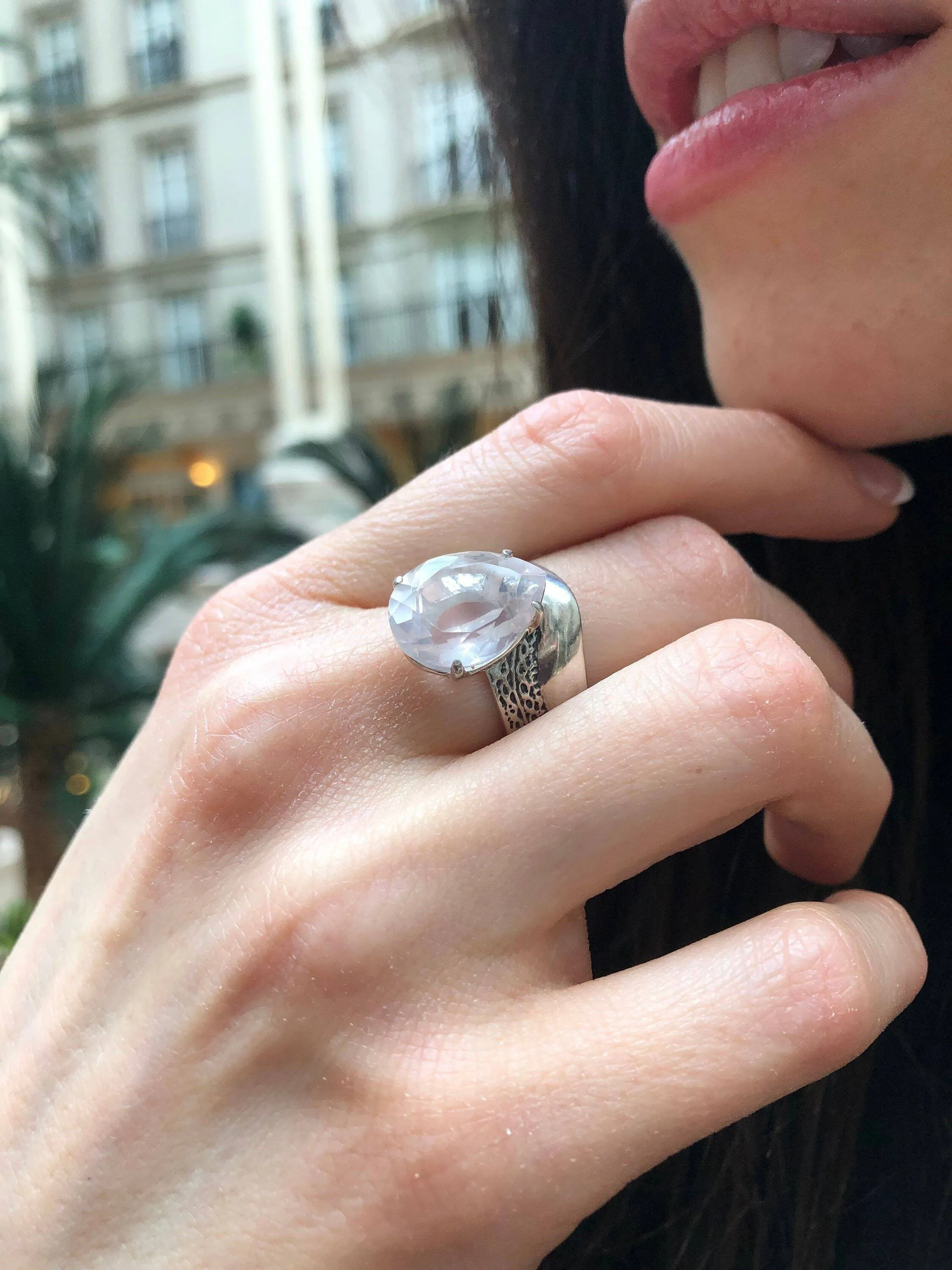 Rose Quartz Ring - Large Pink Ring - Vintage Teardrop Ring