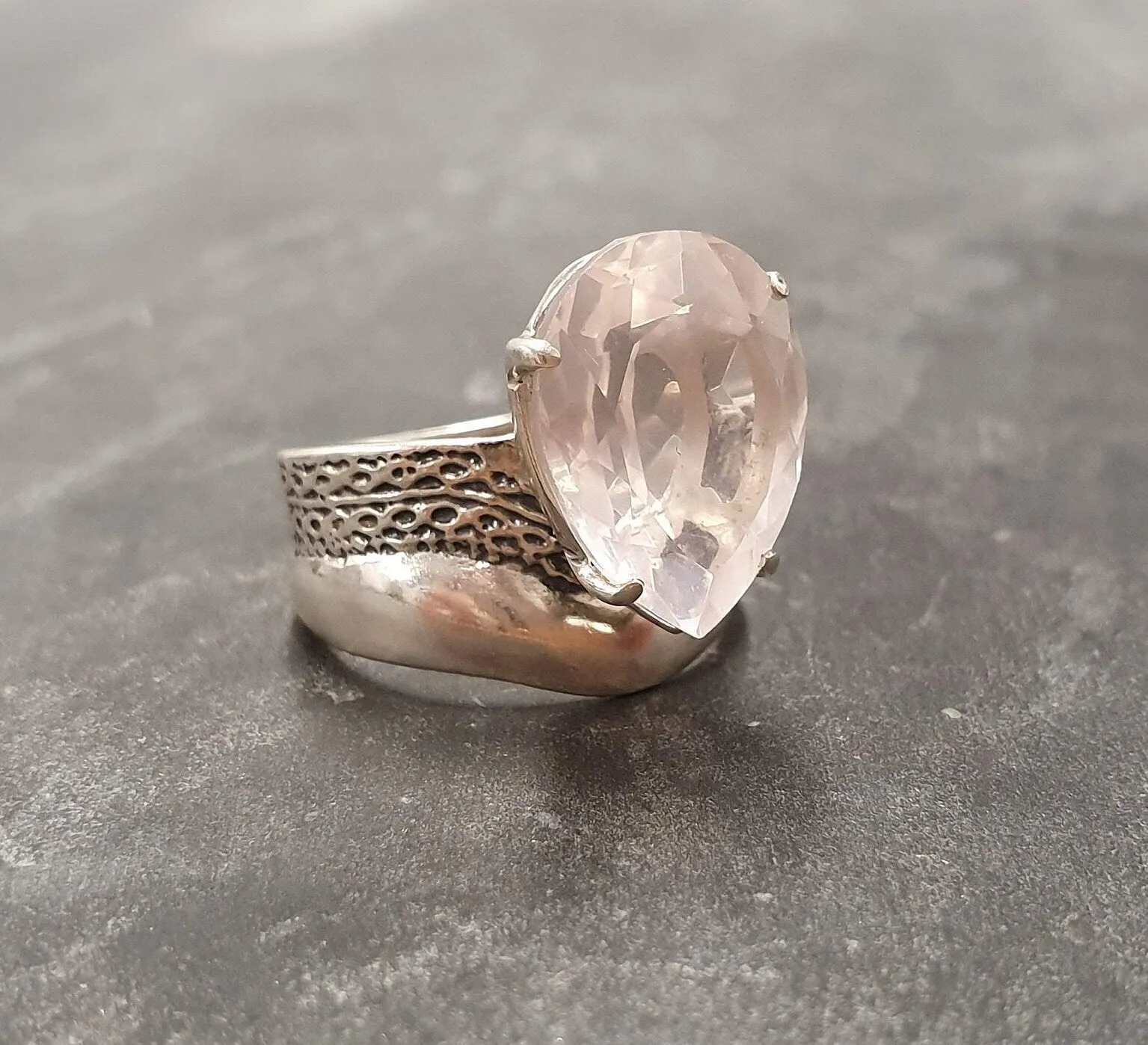 Rose Quartz Ring - Large Pink Ring - Vintage Teardrop Ring