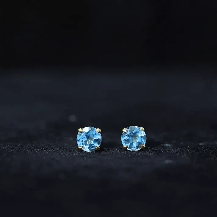 Round Swiss Blue Topaz Solitaire Stud Earrings in Claw Setting