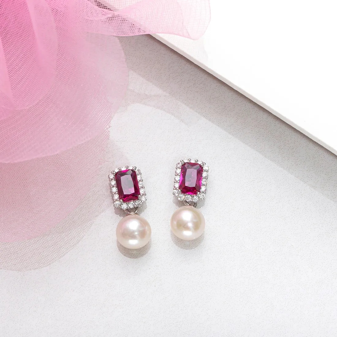 Ruby Pearl 925 Sterling Silver Drop Earrings