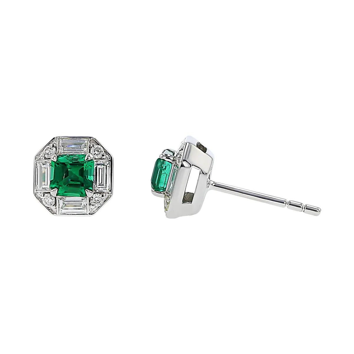 Salavetti Emerald and Diamond Halo Stud Earrings