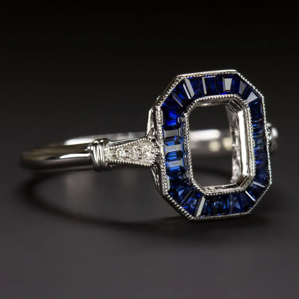 SAPPHIRE DIAMOND ENGAGEMENT RING SETTING RADIANT EMERALD MOUNT VINTAGE ART DECO
