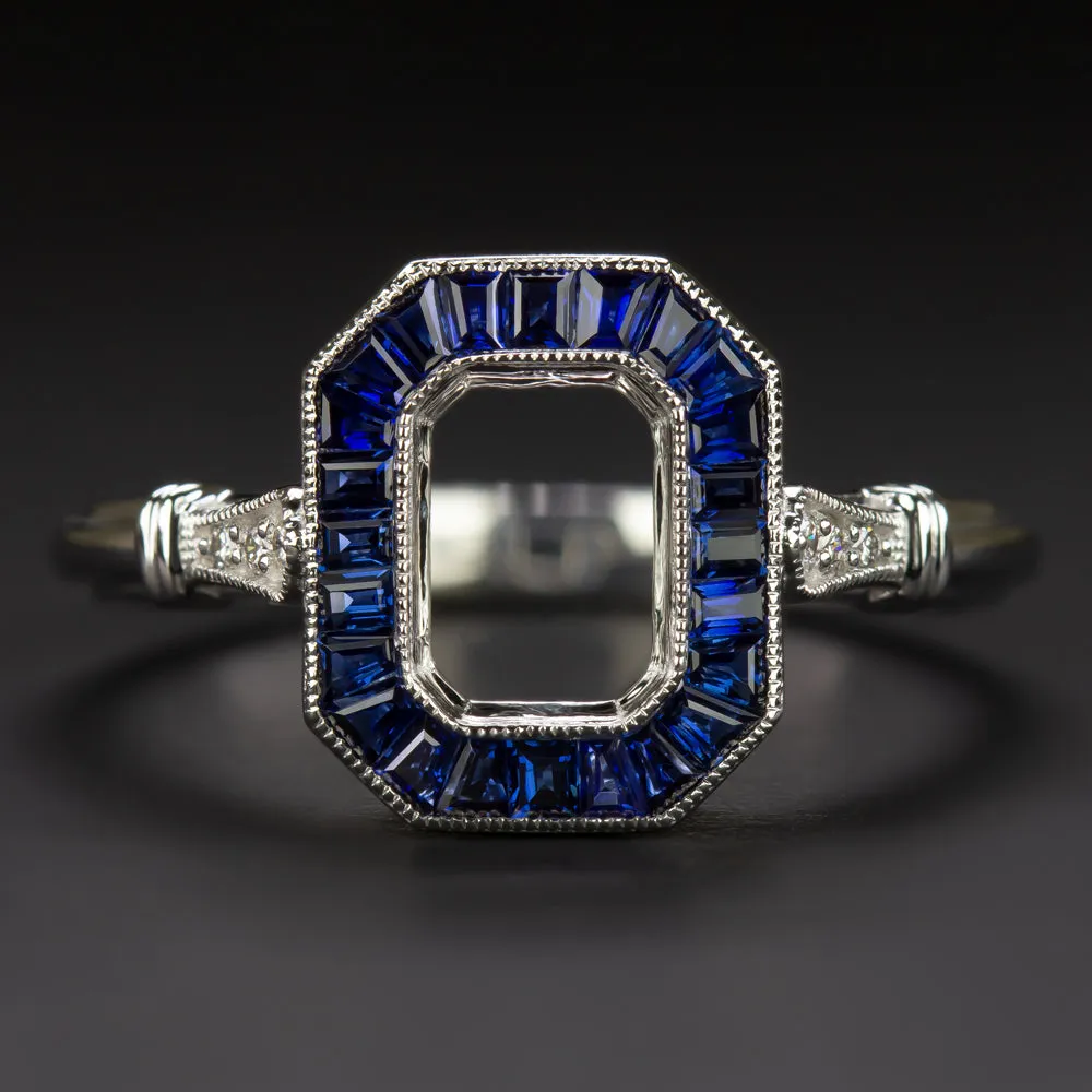 SAPPHIRE DIAMOND ENGAGEMENT RING SETTING RADIANT EMERALD MOUNT VINTAGE ART DECO