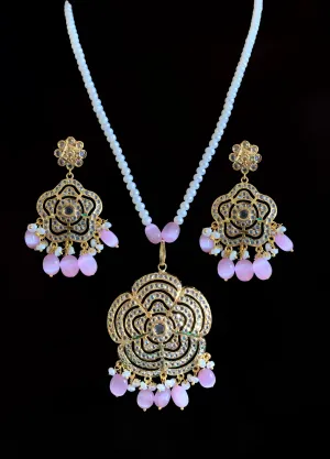Shahla rose quartz  with fresh water pearl pendant set (SHIPS IN 4 WEEKS )