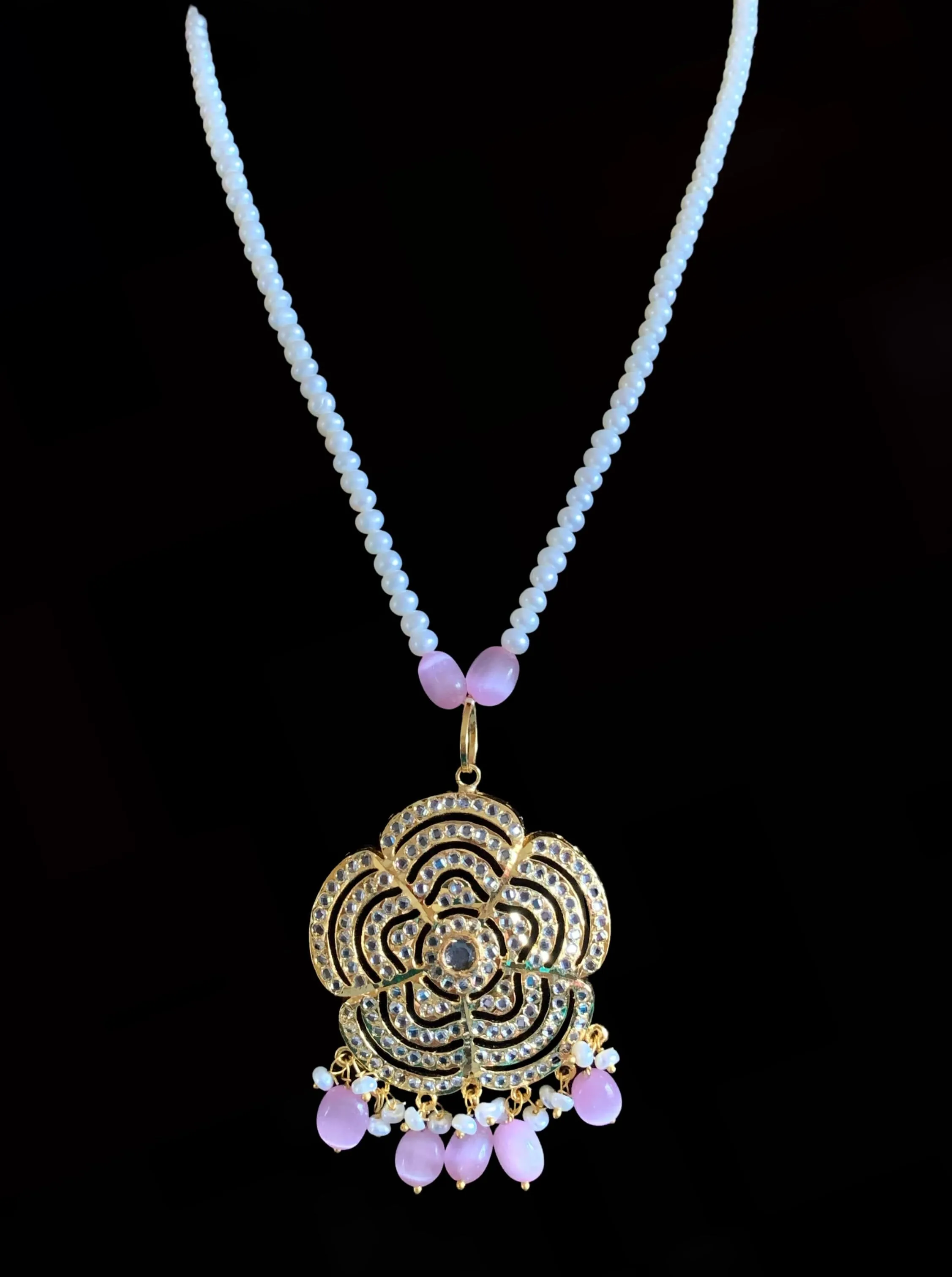 Shahla rose quartz  with fresh water pearl pendant set (SHIPS IN 4 WEEKS )