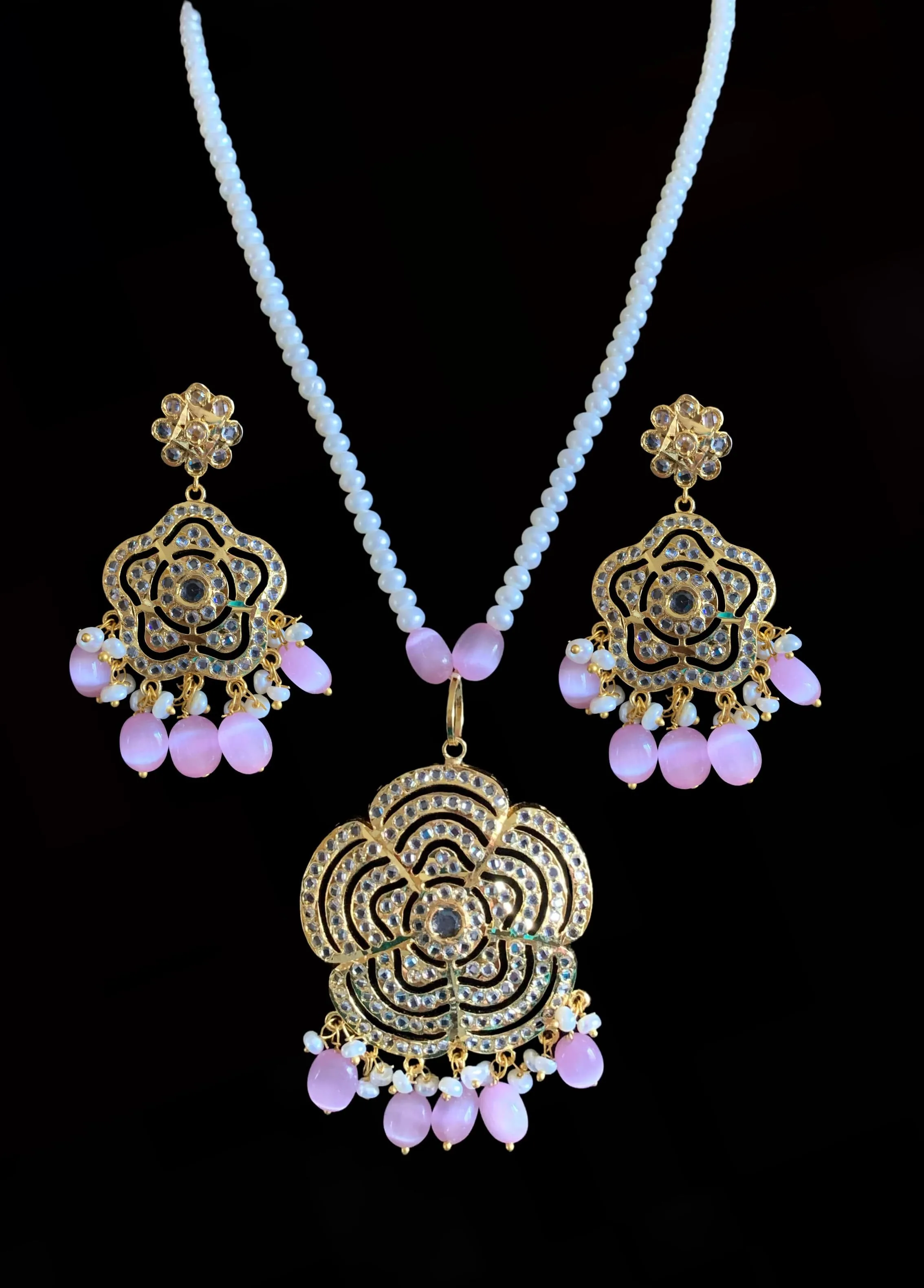 Shahla rose quartz  with fresh water pearl pendant set (SHIPS IN 4 WEEKS )
