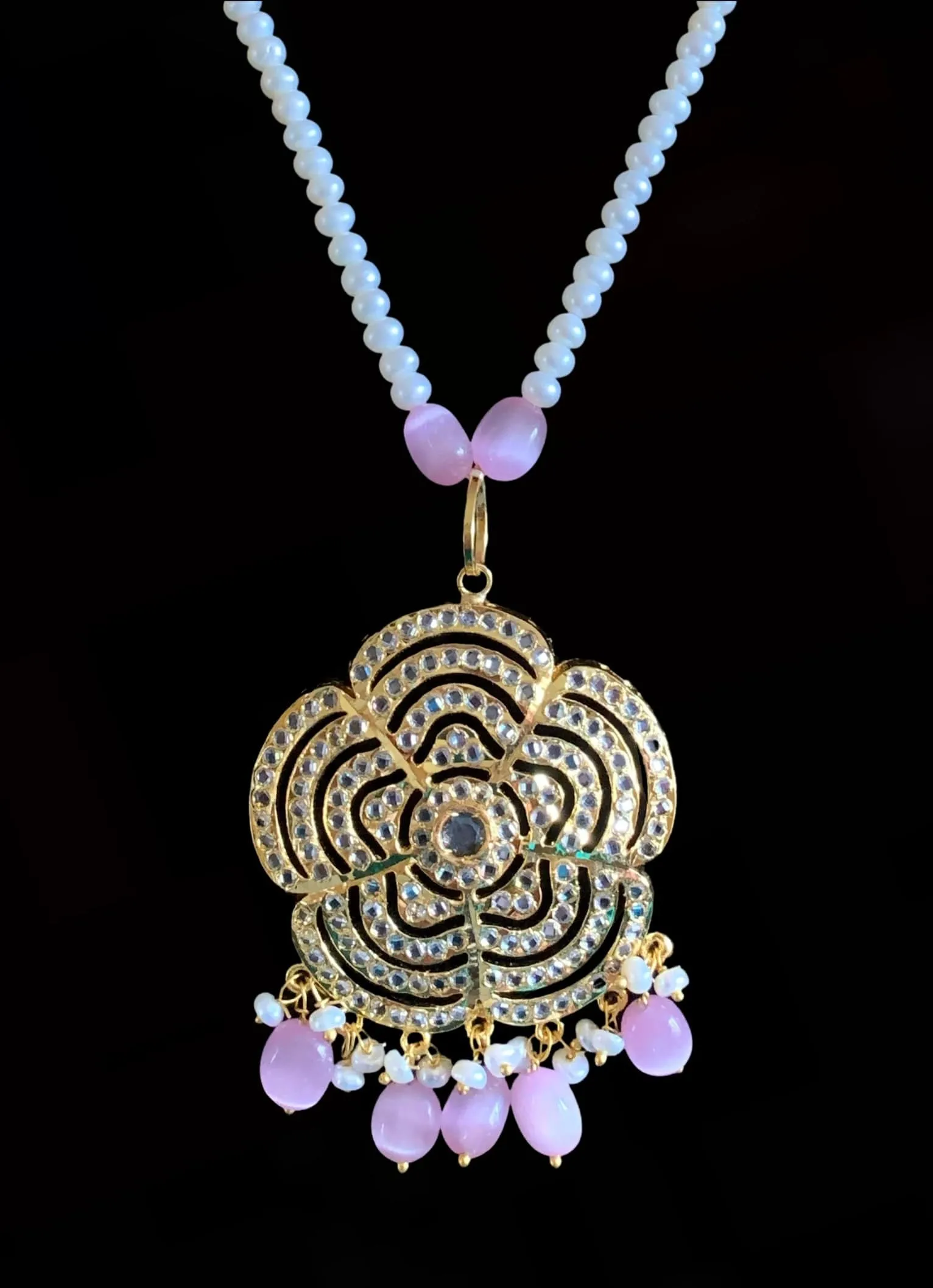Shahla rose quartz  with fresh water pearl pendant set (SHIPS IN 4 WEEKS )