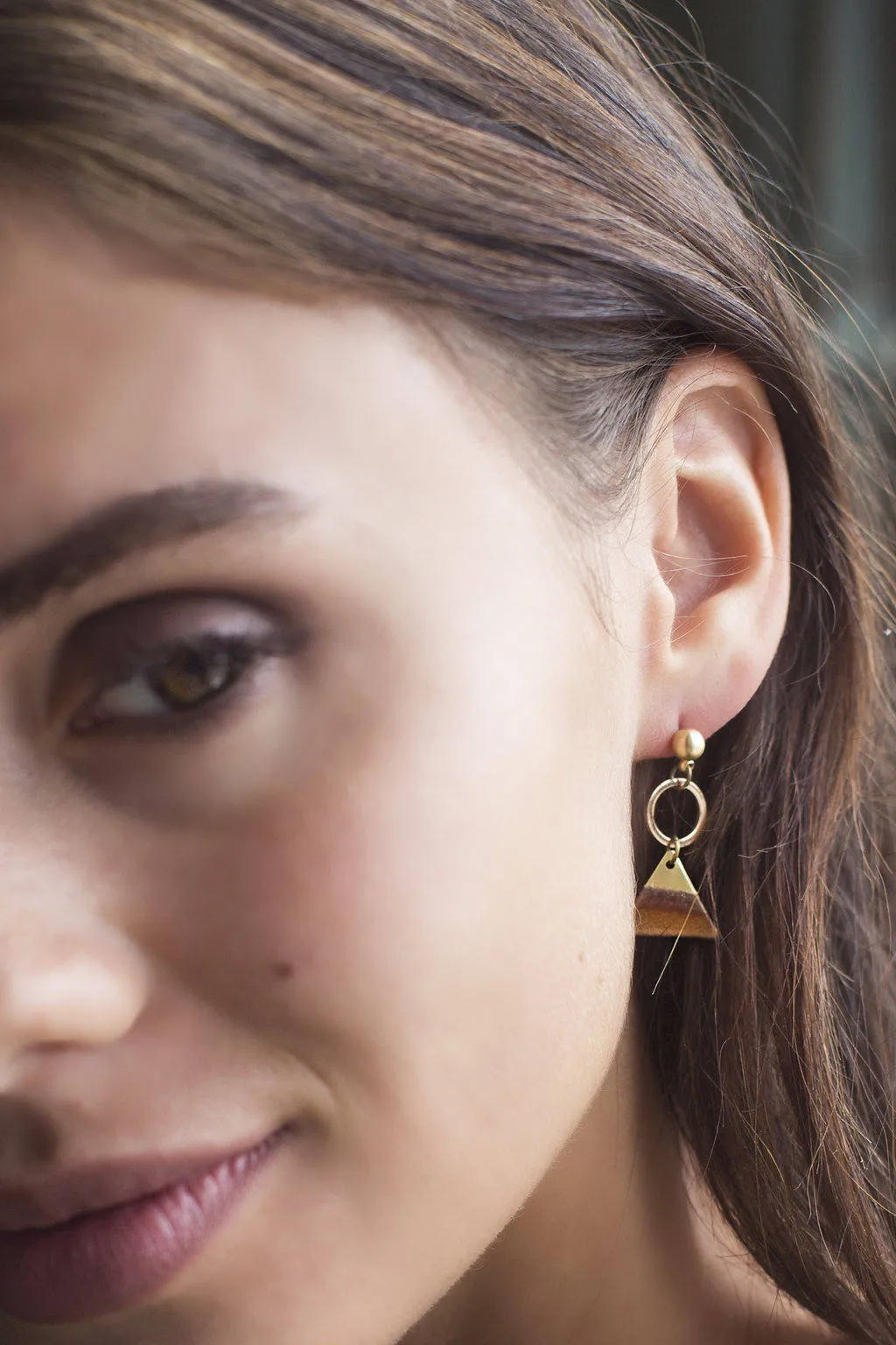 Short Leather and Brass Dangle Earrings - Mountain Inspired