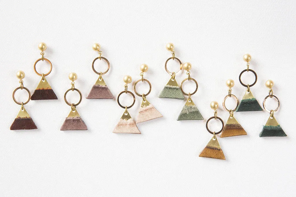 Short Leather and Brass Dangle Earrings - Mountain Inspired